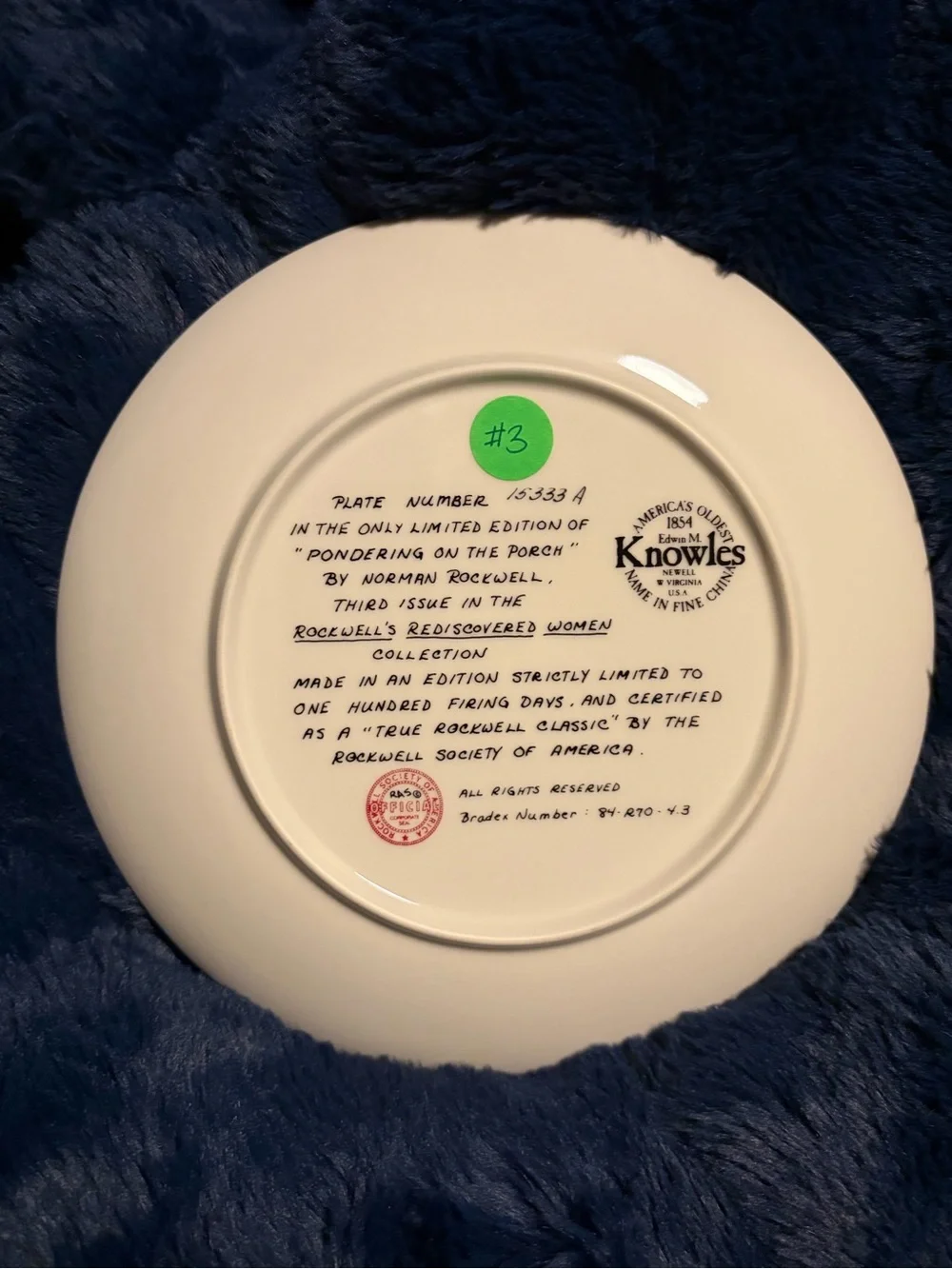 Knowles Collector Plate with Green Sticker and Black Script w/ COA - Picture 2 of 3